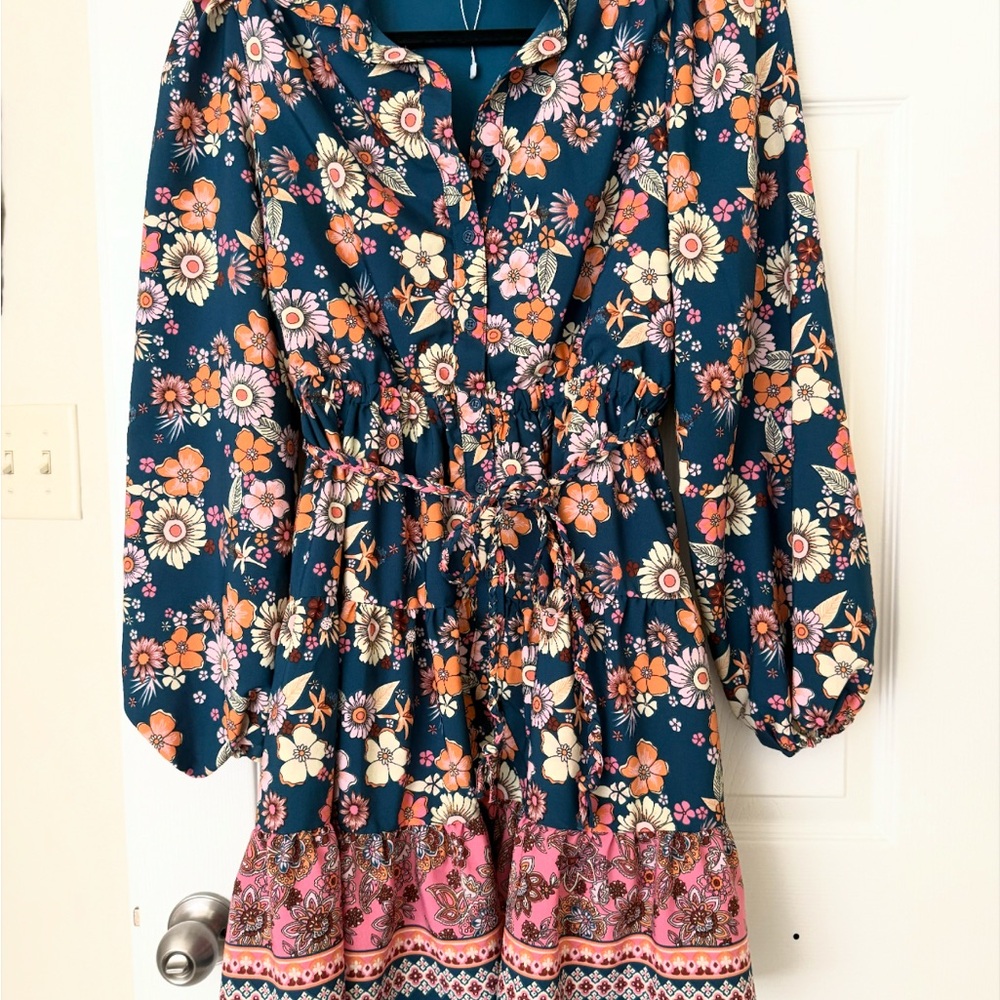 Floral Long-Sleeve Dress with Pink Hem